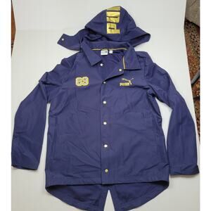 Puma BHM 63 Coaches Jacket Hooded Peacoat Navy Blue Gold Logo Clyde 574192 Small